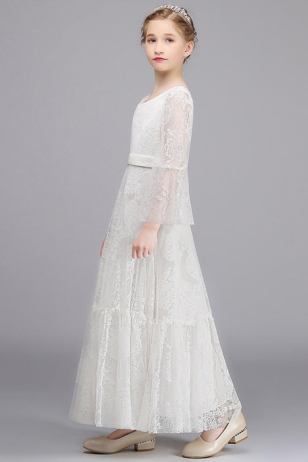 Long A-line Appliques Lace V-neck Flower Girl Dress with Sleeves