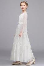 Long A-line Appliques Lace V-neck Flower Girl Dress with Sleeves