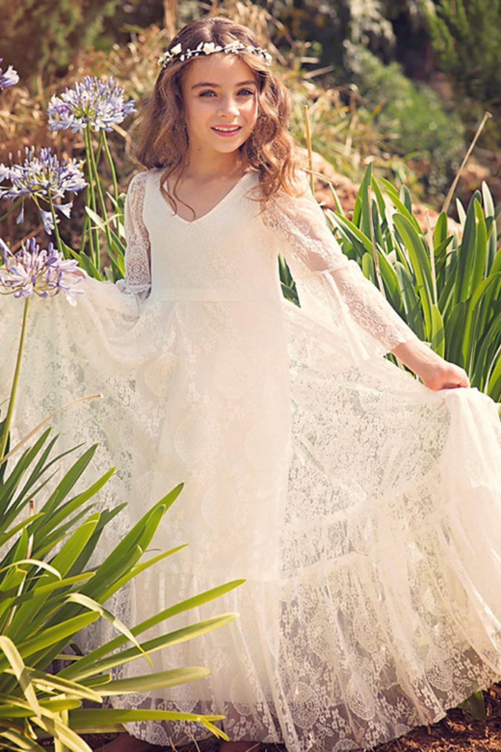 Long A-line Appliques Lace V-neck Flower Girl Dress with Sleeves
