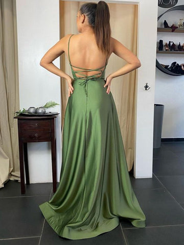 Langes rückenfreies A-Linien-Ballkleid mit Schlitz, formelles Abschluss-Abendkleid mit Taschen