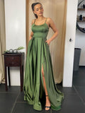 Vestido de fiesta largo sin espalda línea A con abertura y bolsillos para graduación formal y eventos nocturnos