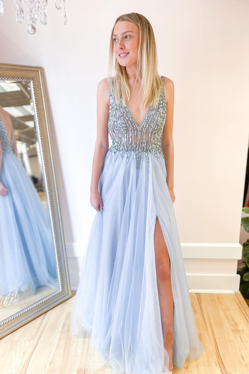 Long A-line Deep V-neck Beading Tulle Open Back Prom Dress With Slit