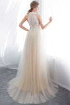 Long A-line Halter Appliques Lace Tulle Evening Dresses