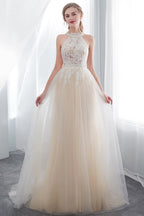 Long A-line Halter Appliques Lace Tulle Evening Dresses