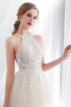 Long A-line Halter Appliques Lace Tulle Evening Dresses