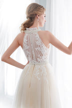 Long A-line Halter Appliques Lace Tulle Evening Dresses