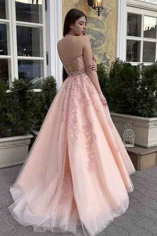 Long A-line Halter Backless Tulle Lace Formal Prom Dresses