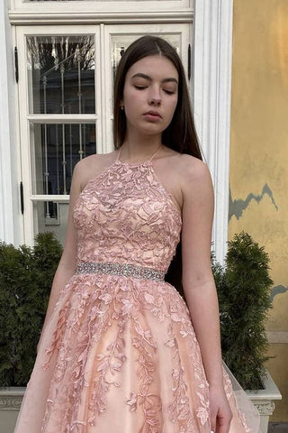 Long A-line Halter Backless Tulle Lace Formal Prom Dresses