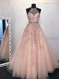 Robe de bal formelle longue en tulle et dentelle, dos nu avec attache nuque, coupe A