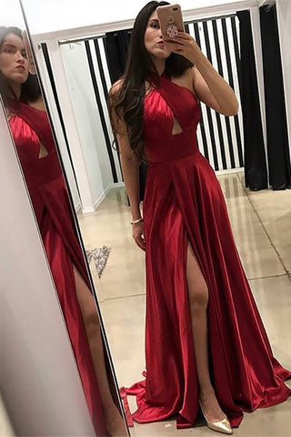 Long A-line Halter Neck Ruffles Satin Prom Dress with Slit
