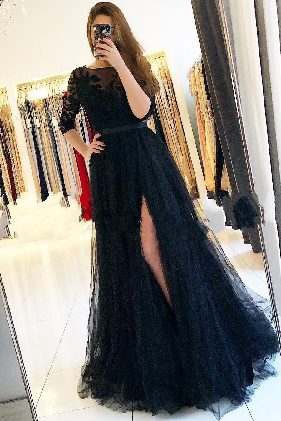 Long A-Line Lace Tulle Front Slit Black Prom Dress With Sleeves
