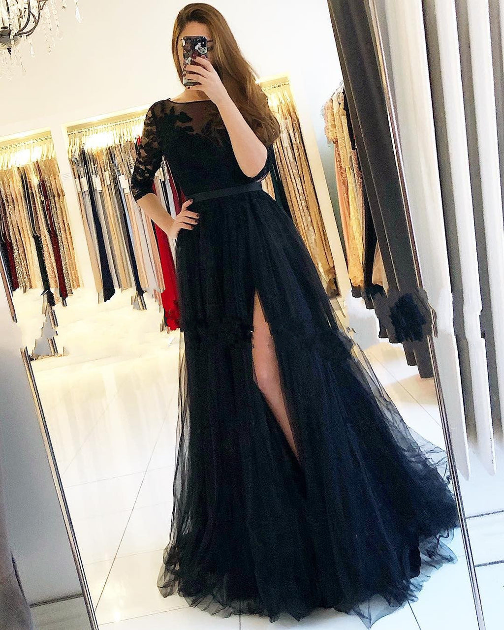 Long A-Line Lace Tulle Front Slit Black Prom Dress With Sleeves