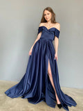 Vestidos de fiesta formales de graduación largos en línea A, fuera del hombro, satén, con abertura, azul marino oscuro para noche