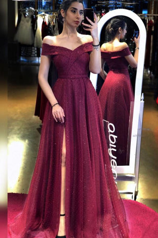 Long A-line Off-the-shoulder Backless Sequins Tulle Prom Dress with Slit