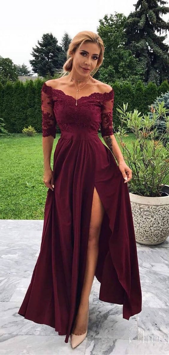 Long A-line Off-the-shoulder Front Slit Burgundy Prom Dress with Sleeves