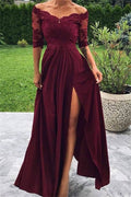 Robe de bal bordeaux longue en ligne A, asymétrique, bretelles tombantes et manches