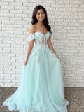 Vestido de noche largo de línea A sin hombros de encaje y tul para graduación y baile formal en verde menta