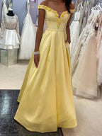 Long A-line Off the Shoulder Satin Formal Prom Dresses with Pockets