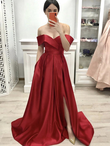 Long A-line Off the Shoulder Satin Front Slit Formal Prom Dresses with Pockets