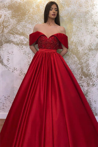 Long A-line Off-the-shoulder Satin Sweetheart Formal Prom Dresses