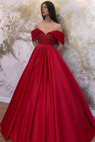 Long A-line Off-the-shoulder Satin Sweetheart Formal Prom Dresses