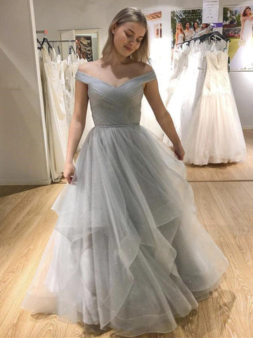 Langes, schulterfreies A-Linien-Ballkleid aus Tüll