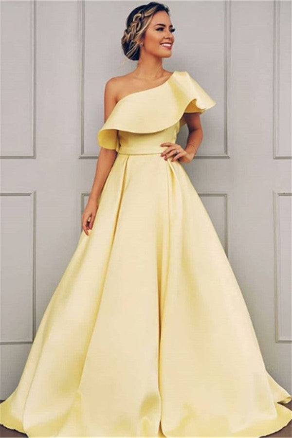 Langes, gelbes A-Linien-Ballkleid mit One-Shoulder-Träger aus Satin