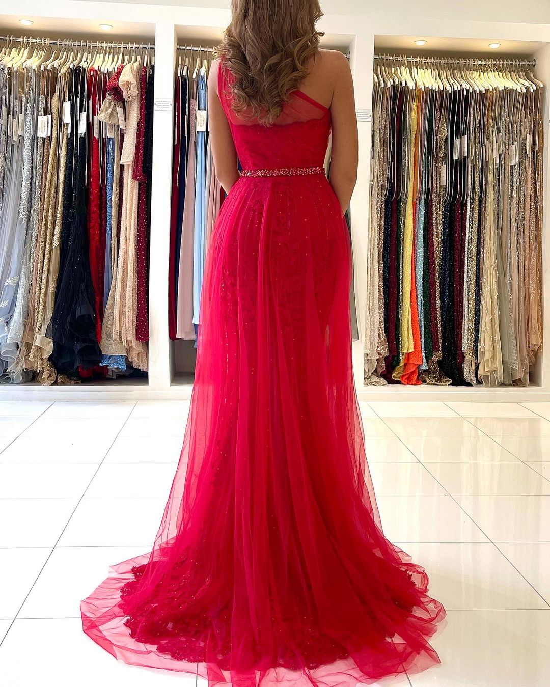 Long A-line One Shoulder Tulle Front Slit Prom Dress with Detacable Train