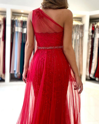 Long A-line One Shoulder Tulle Front Slit Prom Dress with Detacable Train