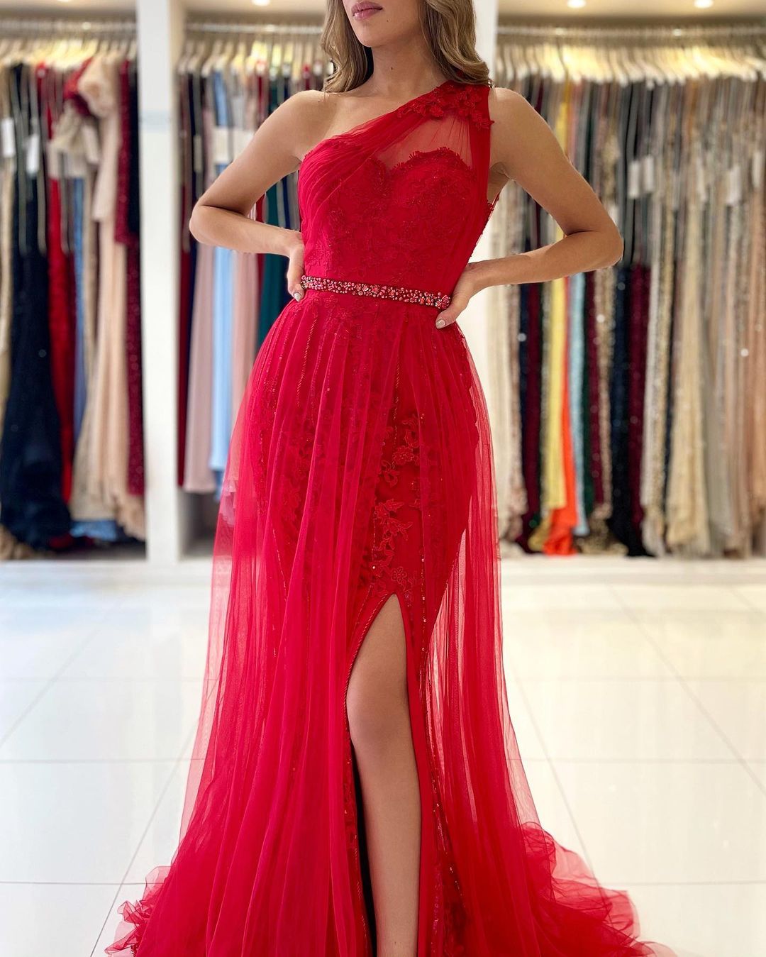 Long A-line One Shoulder Tulle Front Slit Prom Dress with Detacable Train