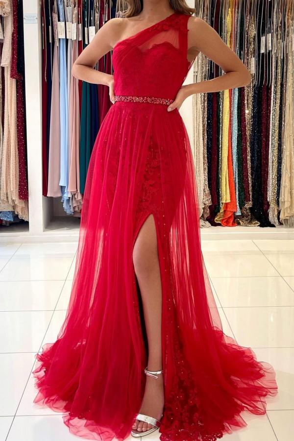 Long A-line One Shoulder Tulle Front Slit Prom Dress with Detacable Train