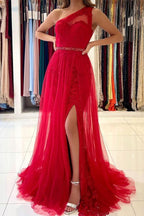 Long A-line One Shoulder Tulle Front Slit Prom Dress with Detacable Train