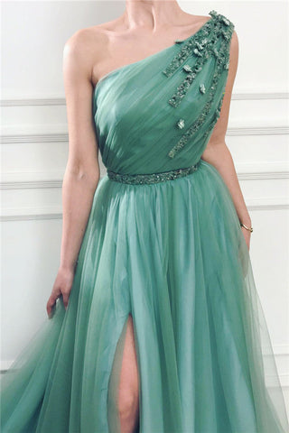 Long A-line One Shoulder Tulle Prom Dress with Slit