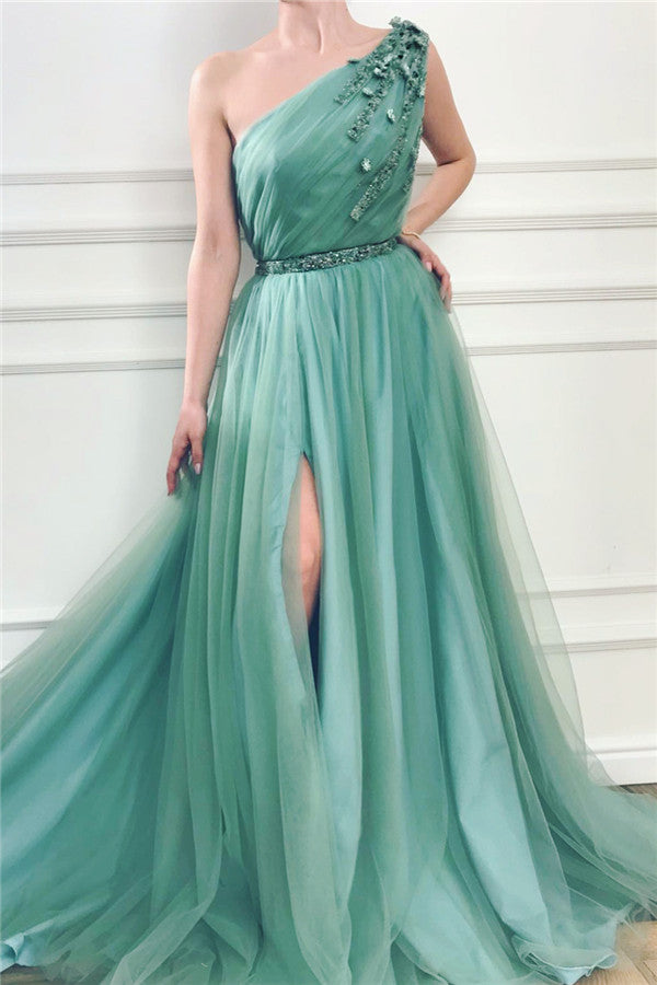 Langes A-Linien-Ballkleid aus Tüll mit One-Shoulder-Träger und Schlitz