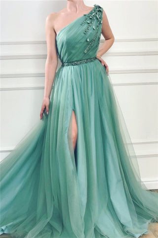 Long A-line One Shoulder Tulle Prom Dress with Slit
