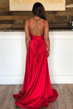 Long A-line Open Back V-neck Red Prom Dress With Slit