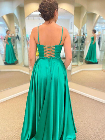 Langes A-Linien-Ballkleid aus Satin mit Taschen, grün, formelle Abschluss-Abendkleider mit Schlitz