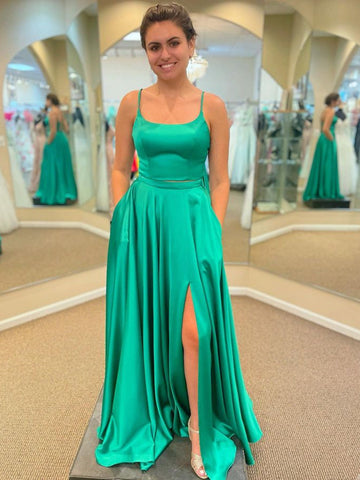 Langes A-Linien-Ballkleid aus Satin mit Taschen, grün, formelle Abschluss-Abendkleider mit Schlitz