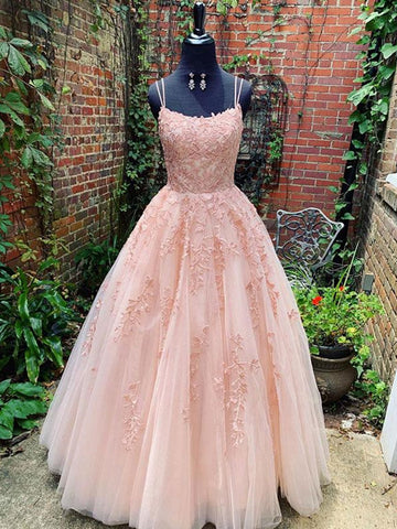 Long A-line Scoop Neck Spaghetti Straps Tulle Lace Formal Prom Dresses