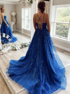 Long A-line Scoop Neck Tulle Lace Backless Formal Prom Dresses