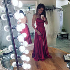 Long A-line Spaghetti Straps Open Back Floor Length Prom Dress With Slit