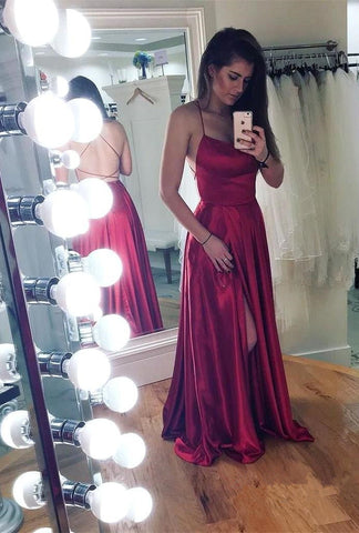 Long A-line Spaghetti Straps Open Back Floor Length Prom Dress With Slit