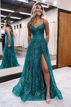 Long A line Spaghetti Straps Tulle Lace Sleeveless Prom Dress With Slit