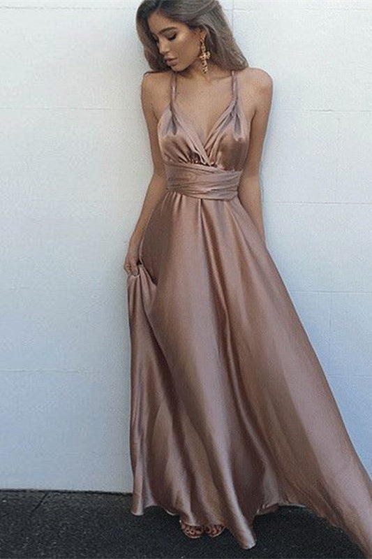 Long A-line Spaghetti Straps V-Neck Open Back Satin Prom Dresses