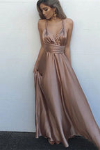 Long A-line Spaghetti Straps V-Neck Open Back Satin Prom Dresses