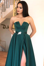 Long A-line Strapless Backless Satin Evening Dress with Slit