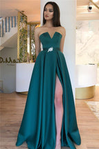 Long A-line Strapless Backless Satin Evening Dress with Slit