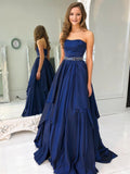 Vestido de noche largo formal azul marino oscuro estilo princesa sin tirantes de satén para graduación