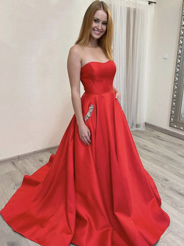 Langes, trägerloses A-Linien-Ballkleid aus Satin in Rot, formelle Abschluss-Abendkleider mit Taschen