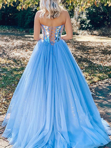 Langes, trägerloses A-Linien-Ballkleid aus Tüll mit Pailletten in Blau